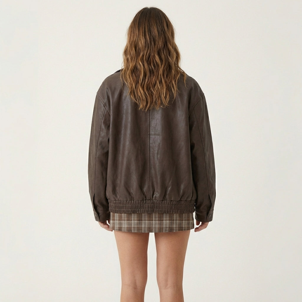 Women’s Oversized Leather Bomber Jacket – Casual Outerwear
