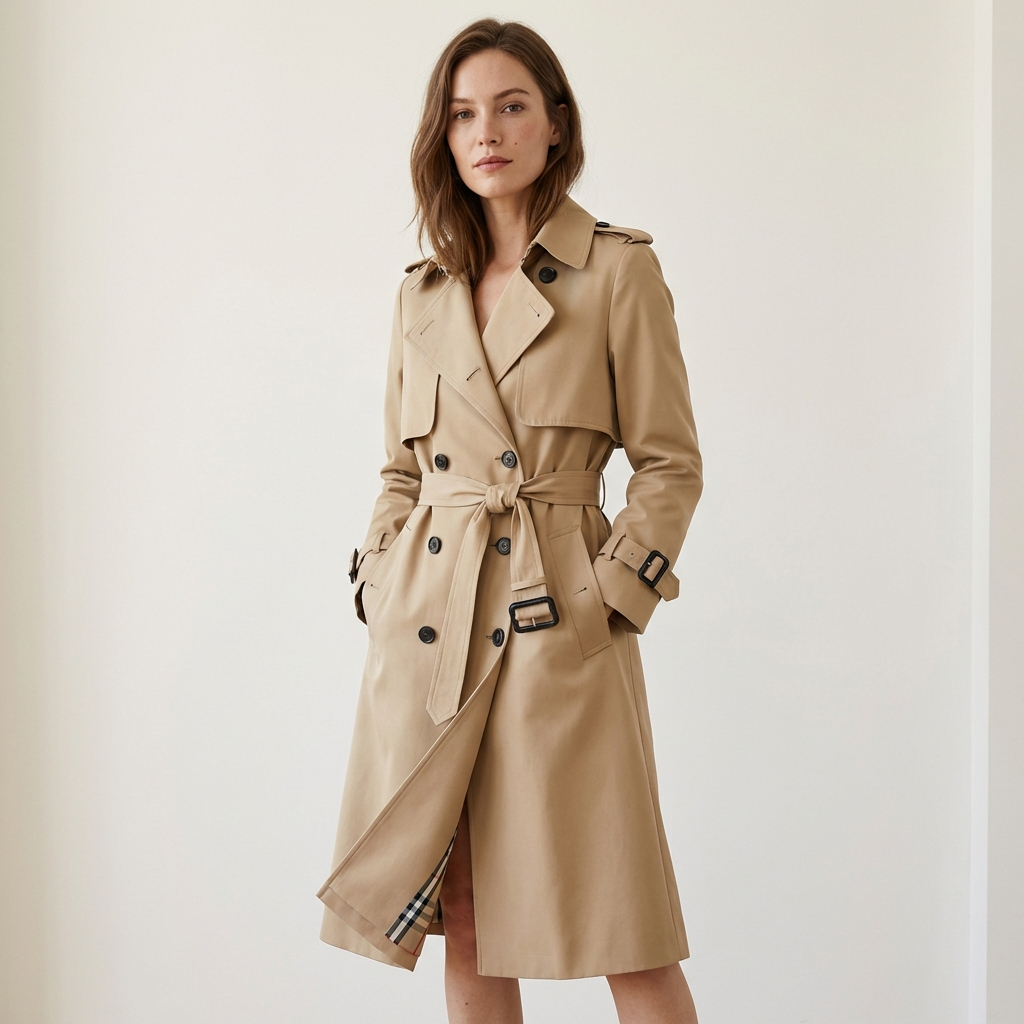 Women’s Double Breasted Trench Coat – Belted Classic Style Beige