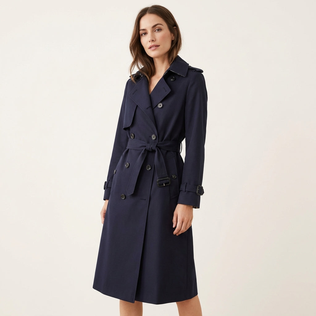 Women’s Double Breasted Trench Coat – Belted Classic Style Navy Blue