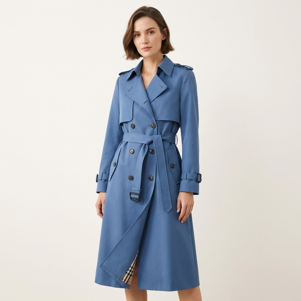 Women’s Double Breasted Trench Coat – Belted Classic Style Light Blue