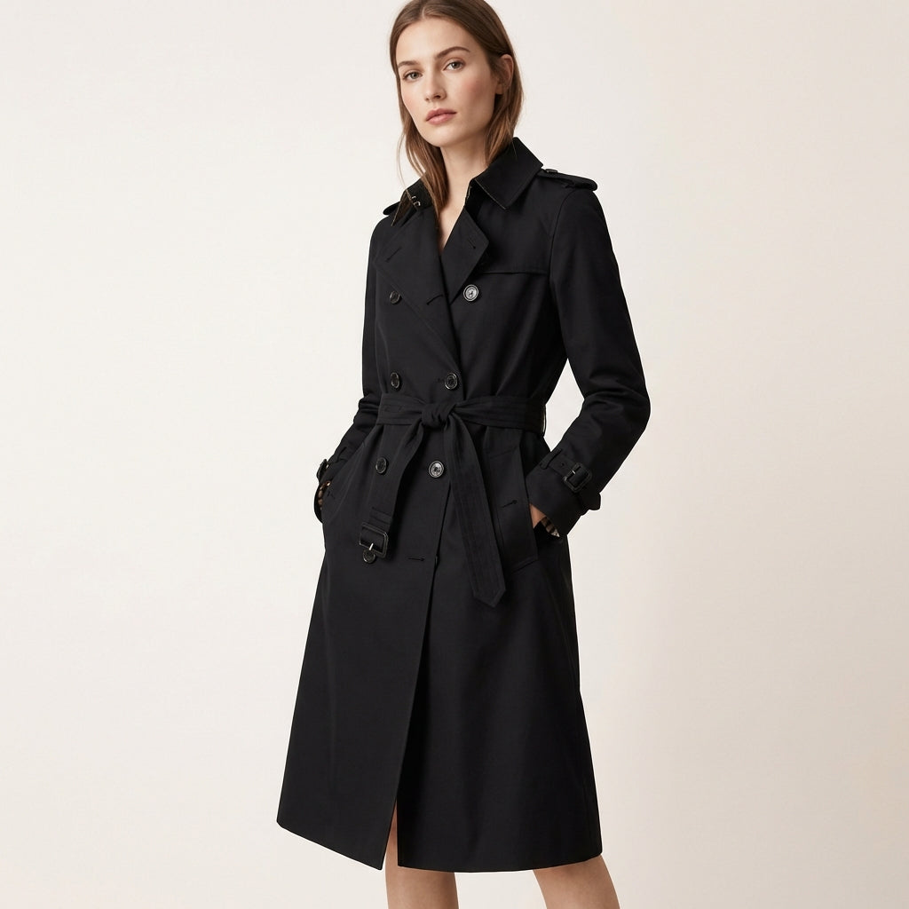 Women’s Double Breasted Trench Coat – Belted Classic Style Black