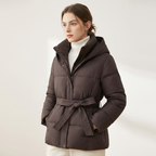 Women’s Hooded Puffer Jacket – Belted Winter Coat Brown