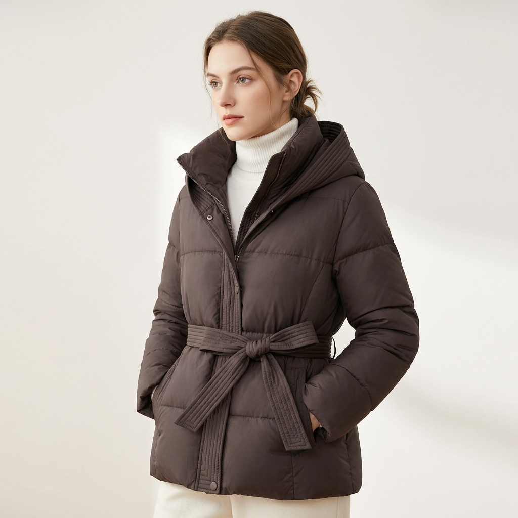 Women’s Hooded Puffer Jacket – Belted Winter Coat Brown