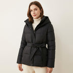 Women’s Hooded Puffer Jacket – Belted Winter Coat Black