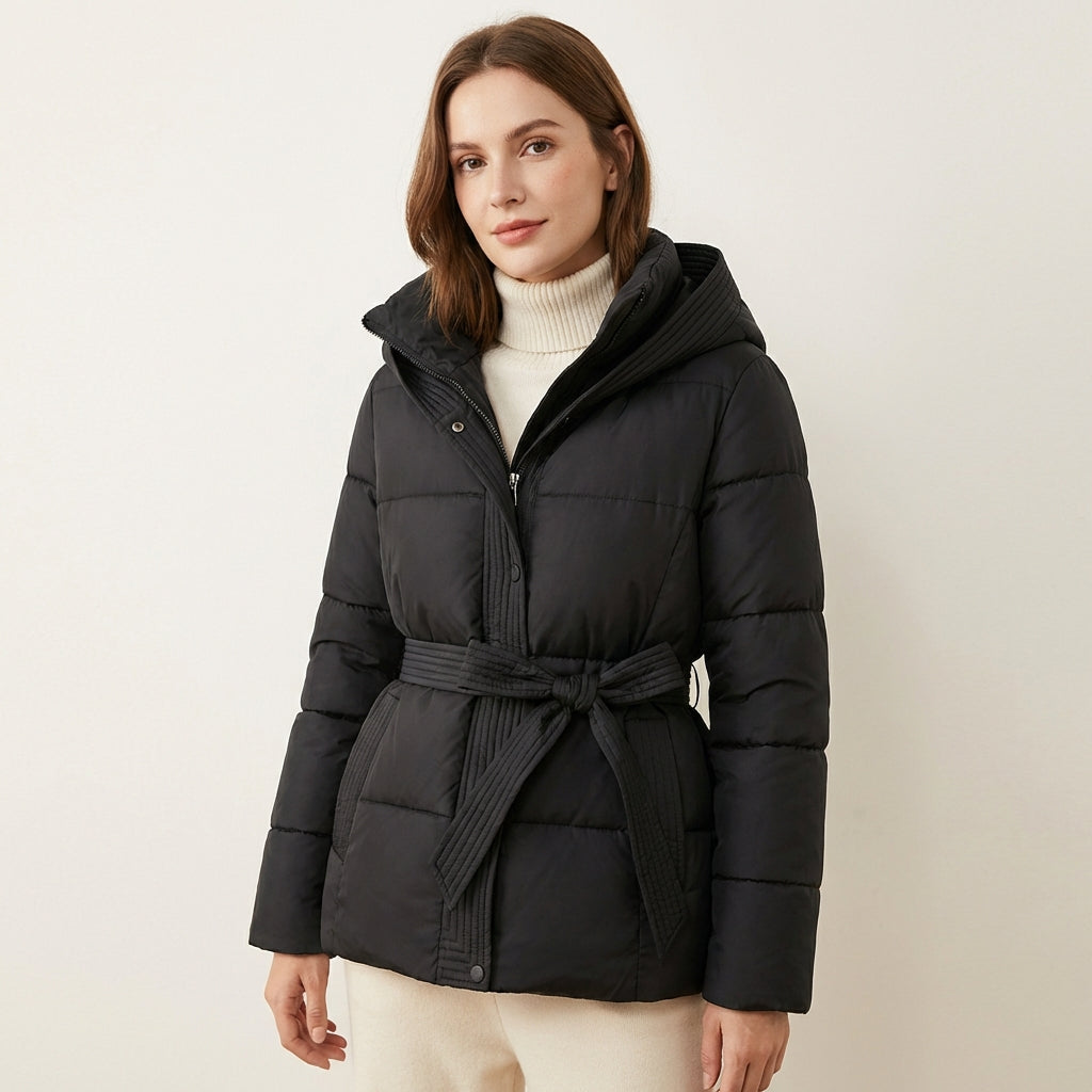Women’s Hooded Puffer Jacket – Belted Winter Coat Black