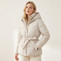 Women’s Hooded Puffer Jacket – Belted Winter Coat Cream