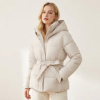 Women’s Hooded Puffer Jacket – Belted Winter Coat Cream