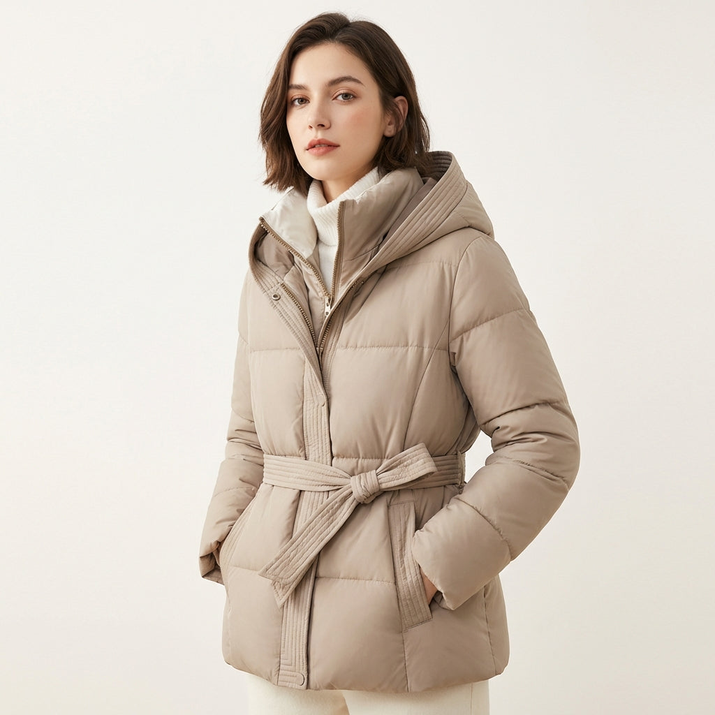 Women’s Hooded Puffer Jacket – Belted Winter Coat Beige