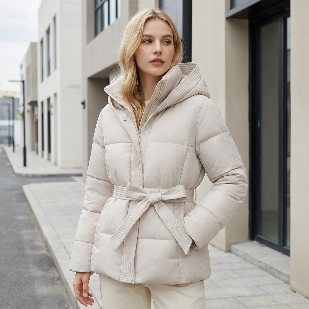 Women’s Hooded Puffer Jacket – Belted Winter Coat