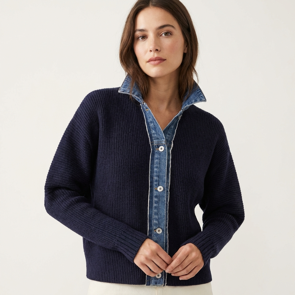 Women’s Navy Knit Cardigan – Denim Trim Detail Navy Blue