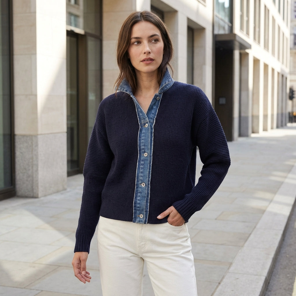 Women’s Navy Knit Cardigan – Denim Trim Detail