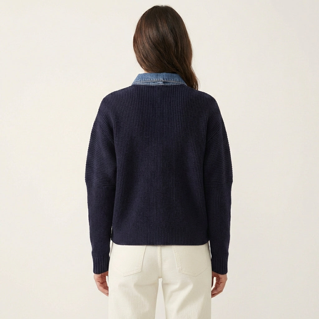 Women’s Navy Knit Cardigan – Denim Trim Detail