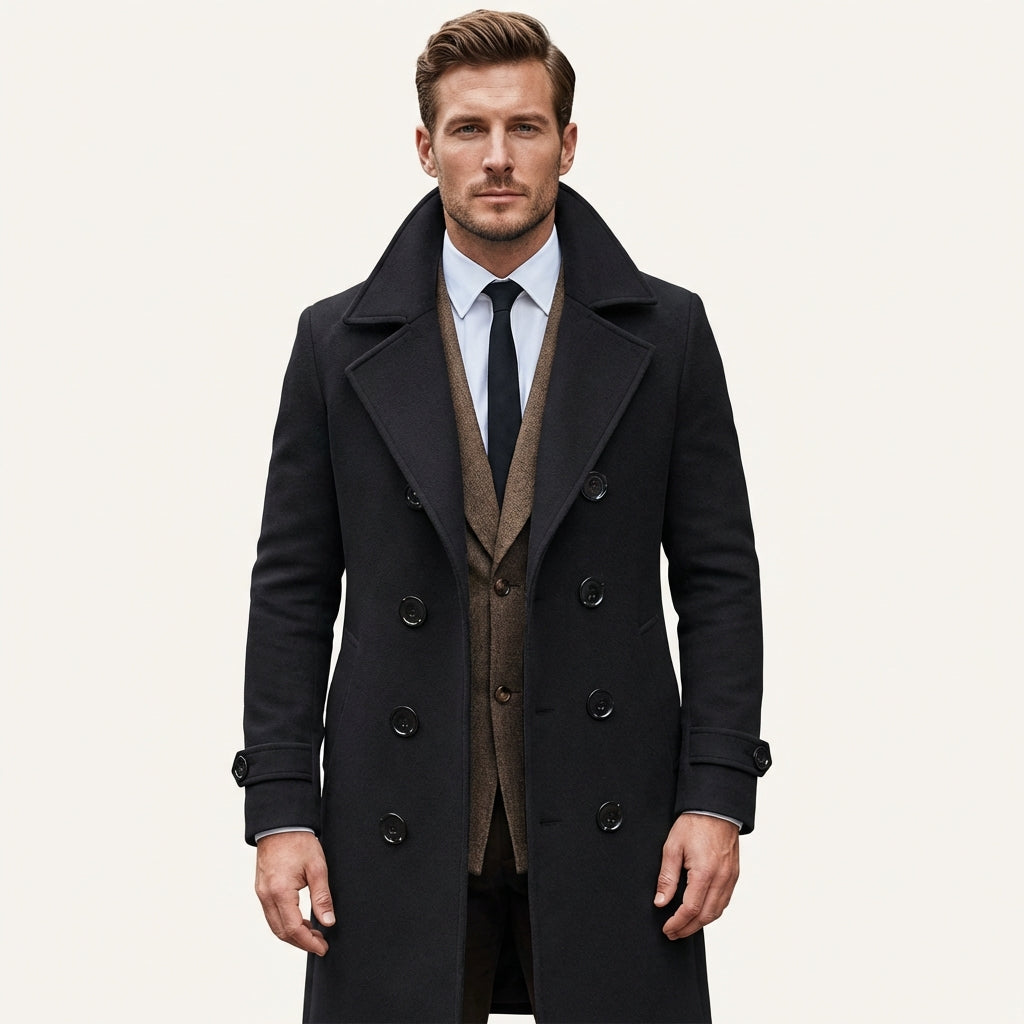 Men’s Wool Blend Double Breasted Long Winter Coat Black