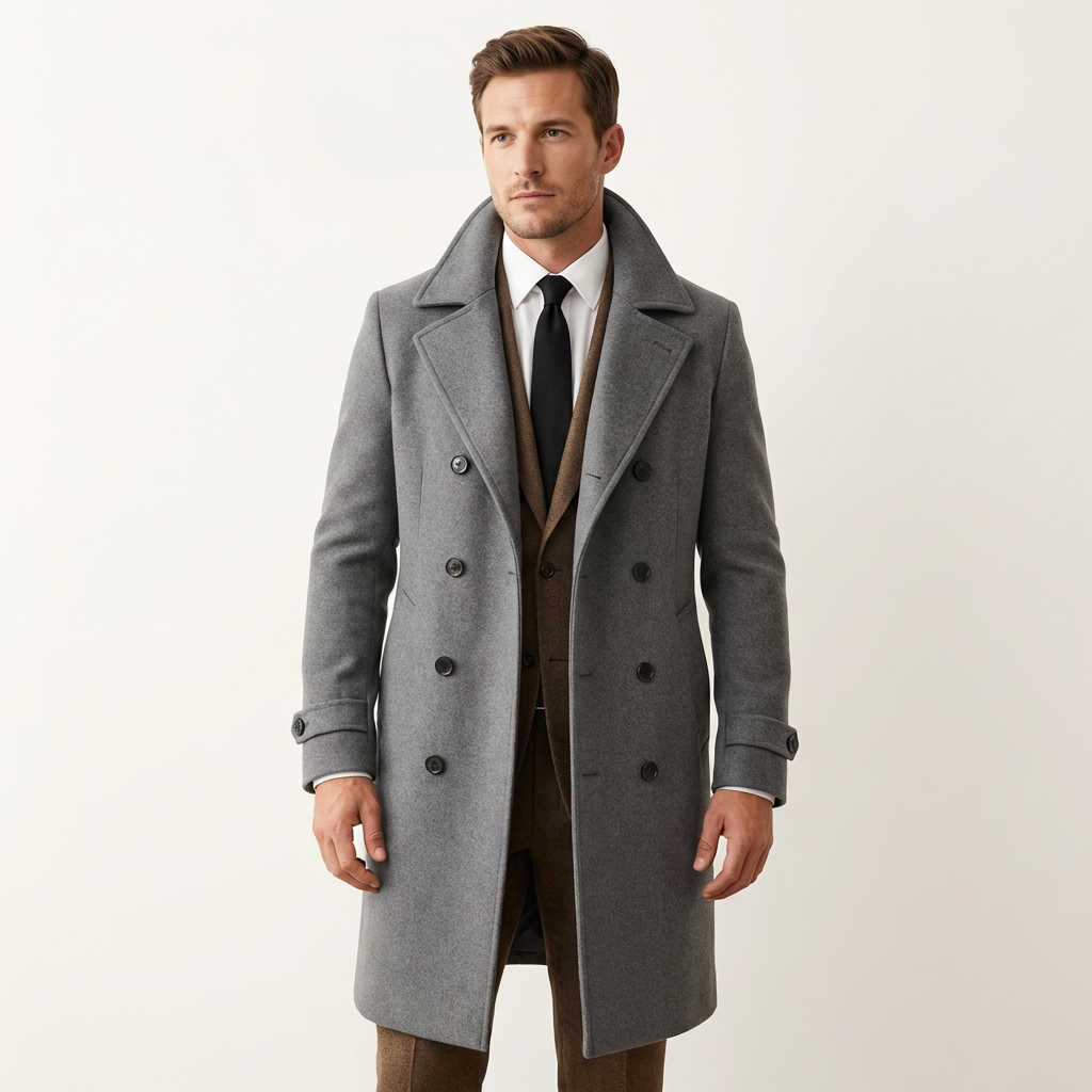 Men’s Wool Blend Double Breasted Long Winter Coat Gray