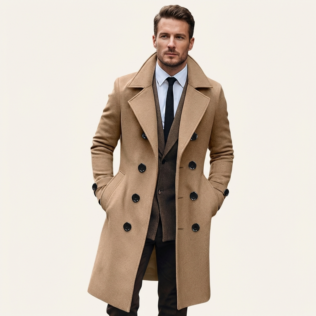 Men’s Wool Blend Double Breasted Long Winter Coat Beige