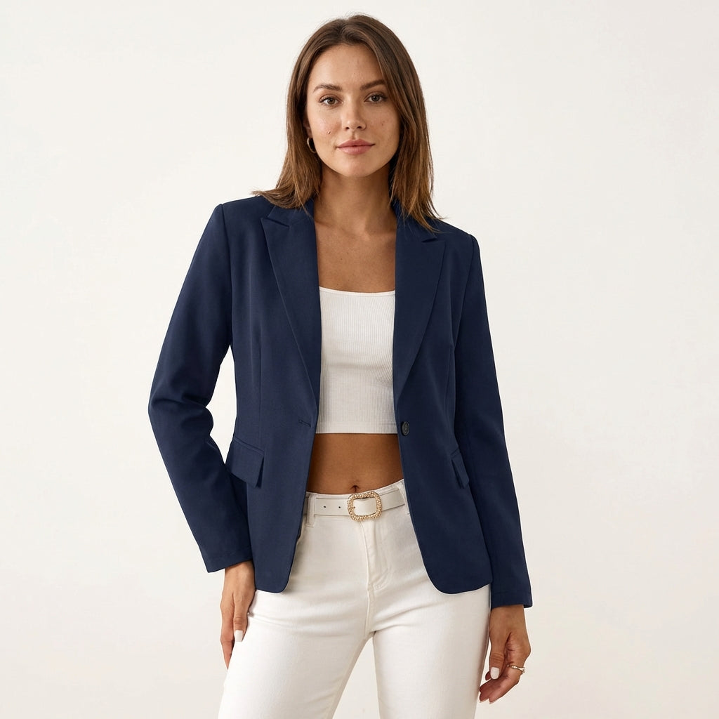 Women’s Lightweight Fitted Blazer – Spring Tailored Jacket Navy Blue