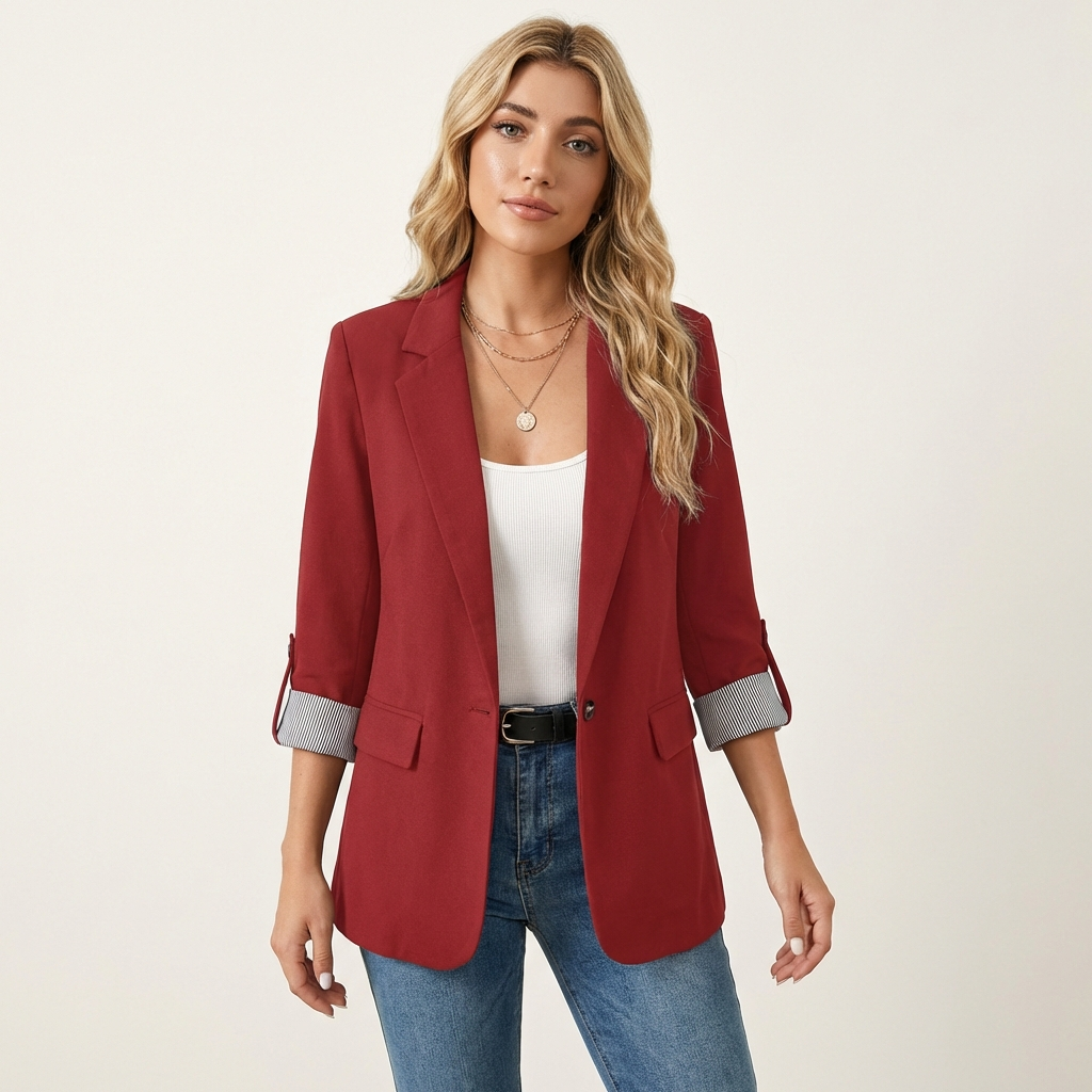 Women’s Classic Tailored Blazer – Roll Up Sleeve Design Wine Red
