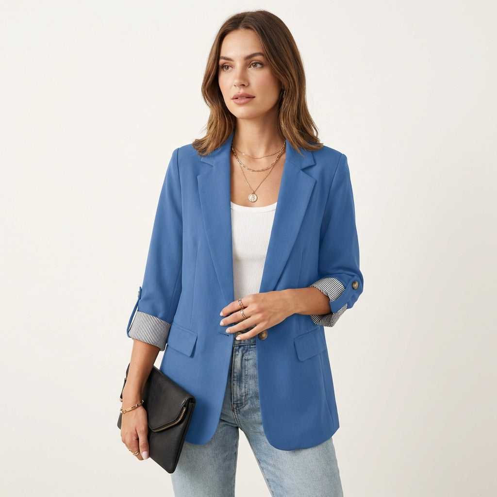 Women’s Classic Tailored Blazer – Roll Up Sleeve Design Light Blue