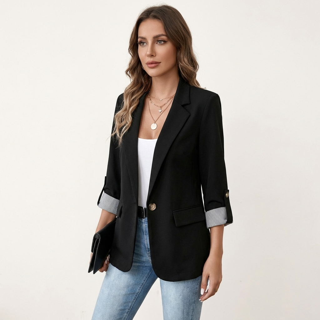 Women’s Classic Tailored Blazer – Roll Up Sleeve Design Black