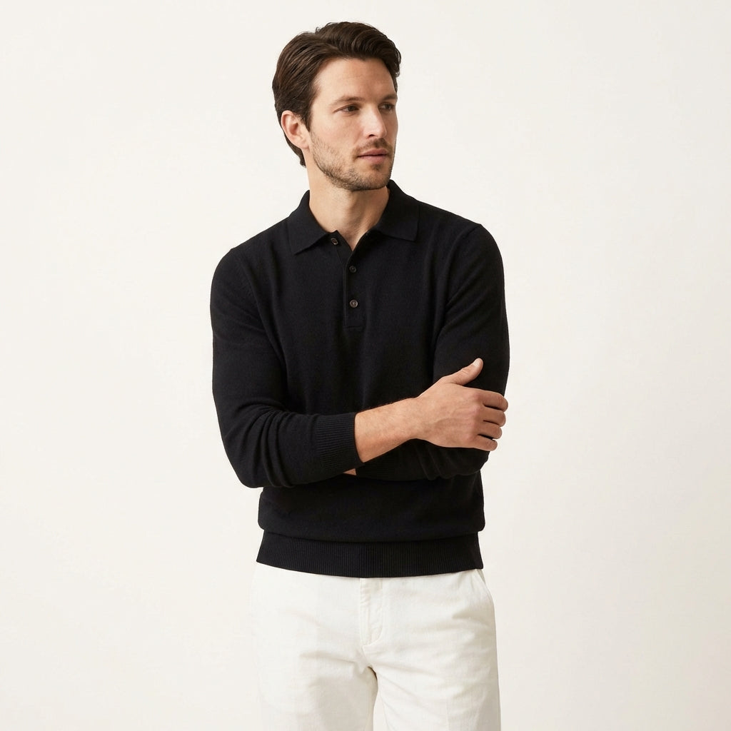 Men’s Merino Wool Polo Sweater – Classic Knit Design Black
