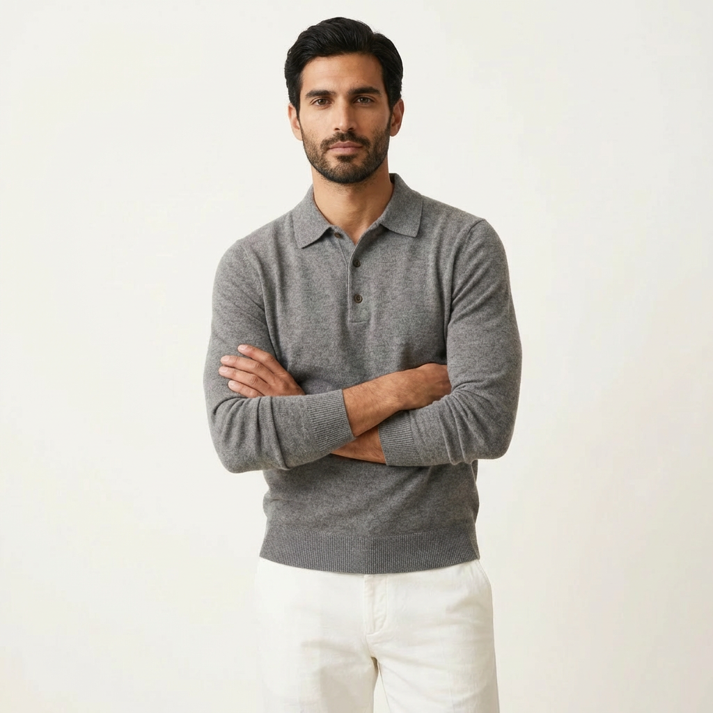 Men’s Merino Wool Polo Sweater – Classic Knit Design Gray
