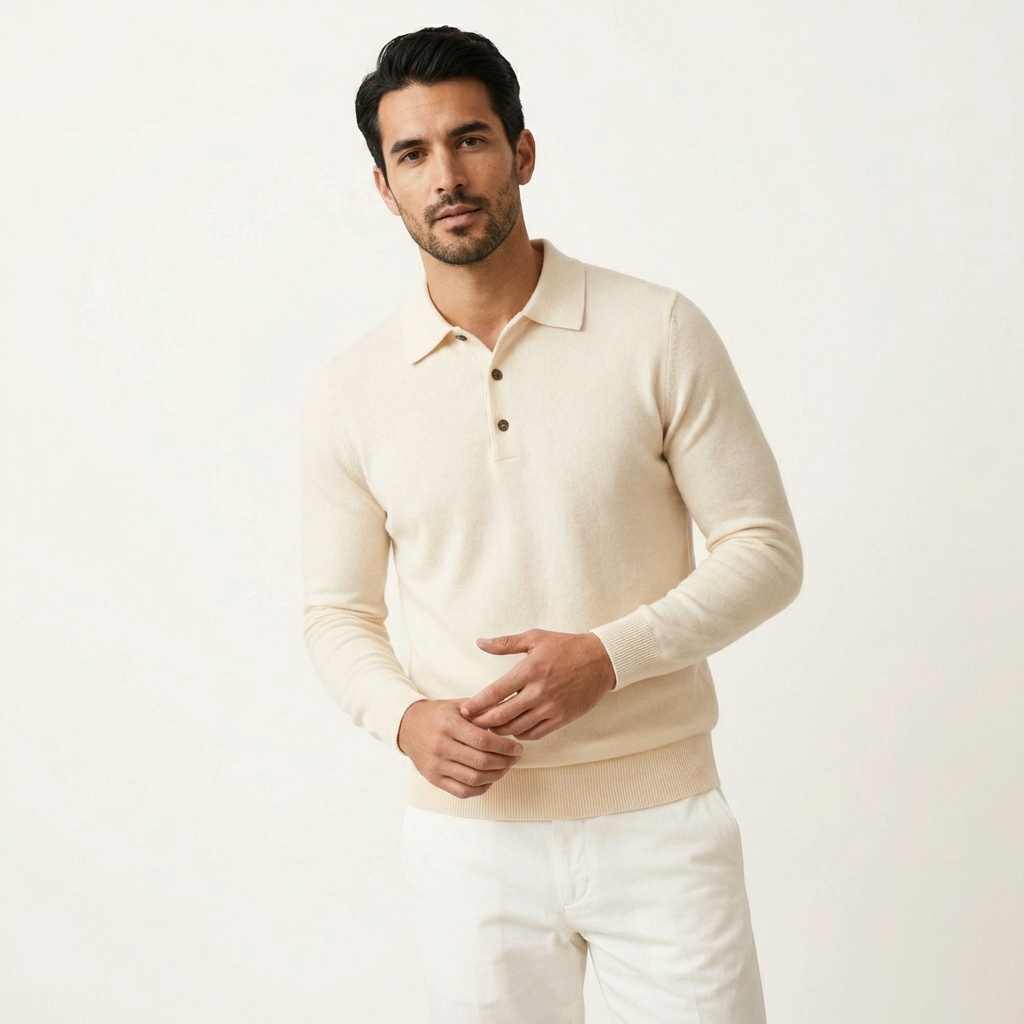 Men’s Merino Wool Polo Sweater – Classic Knit Design Cream