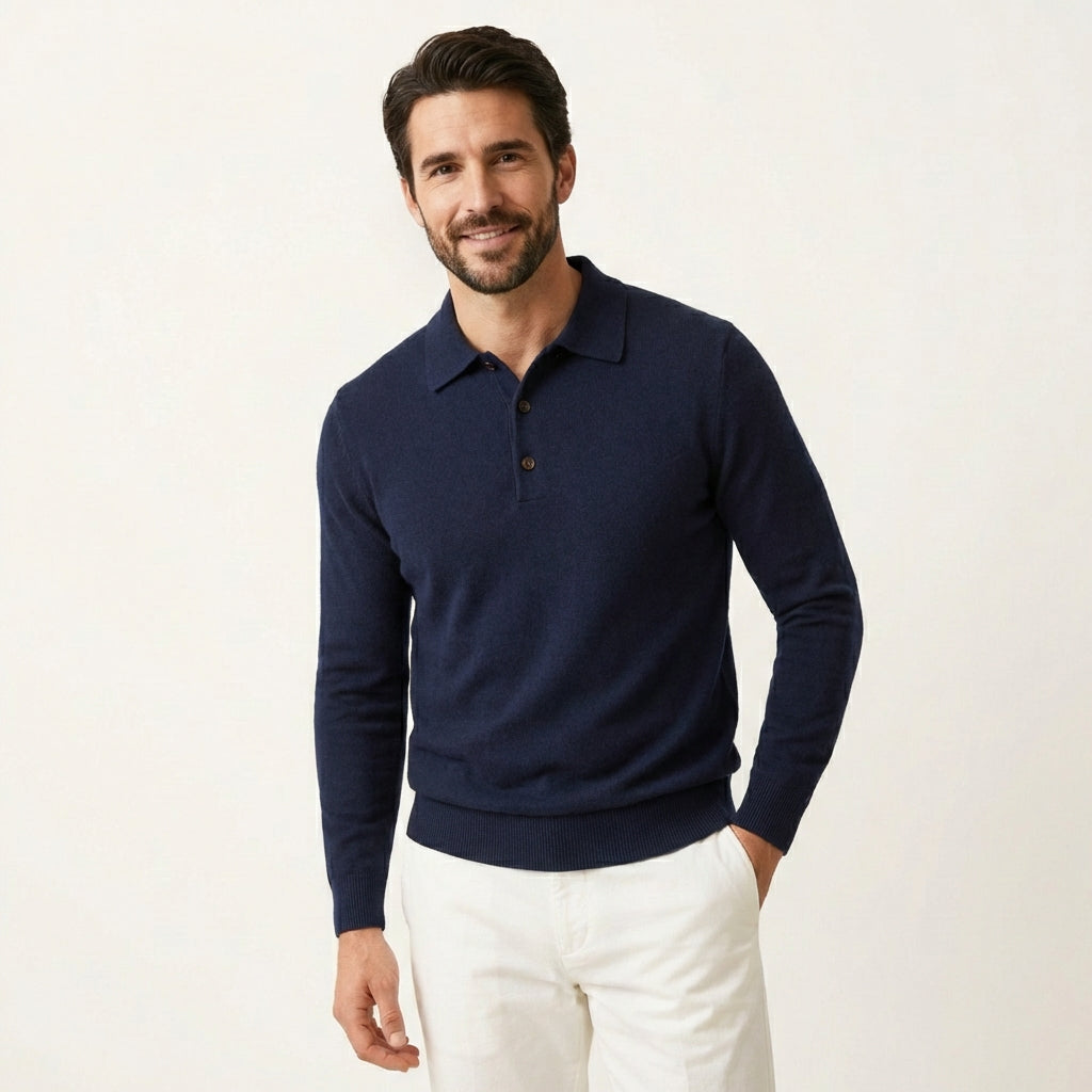 Men’s Merino Wool Polo Sweater – Classic Knit Design Navy Blue