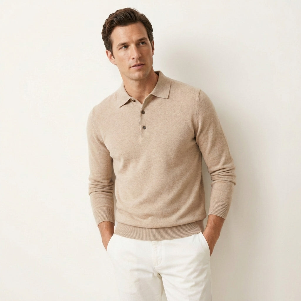 Men’s Merino Wool Polo Sweater – Classic Knit Design Beige
