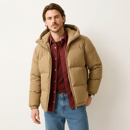 Men's Hooded Cotton Puffer Jacket – Lightweight Insulated Style Beige