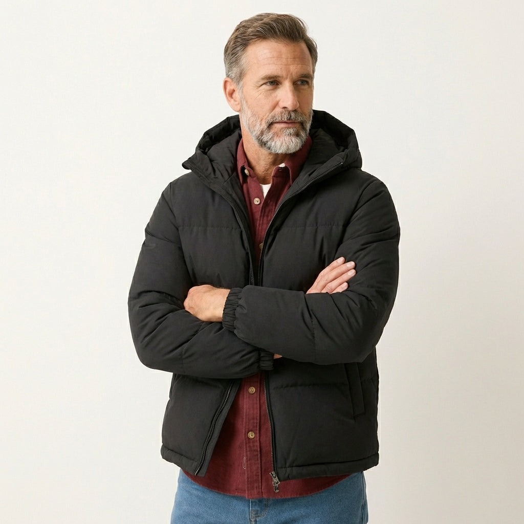 Men's Hooded Cotton Puffer Jacket – Lightweight Insulated Style Black