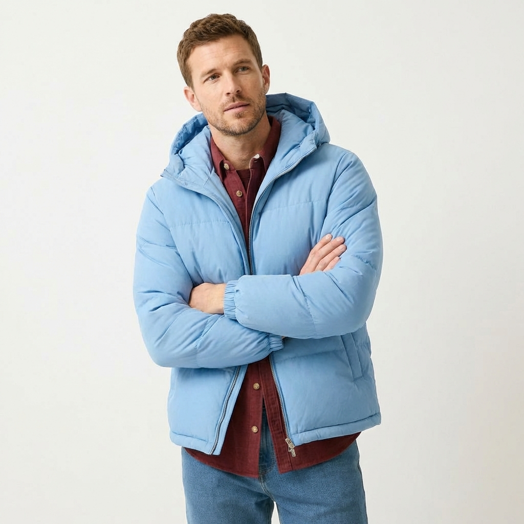 Men's Hooded Cotton Puffer Jacket – Lightweight Insulated Style Light Blue