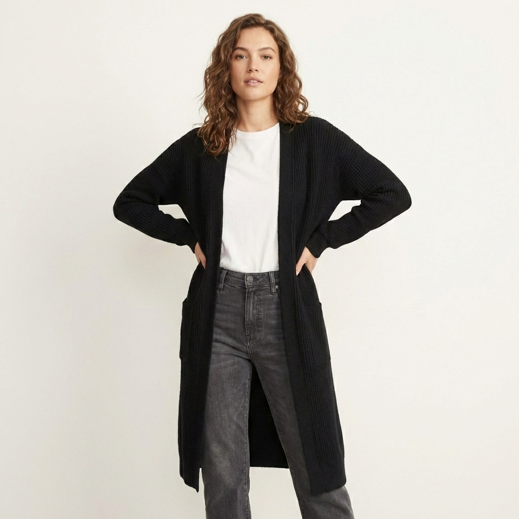 Women’s Thick Knit Cardigan – V-Neck Warm Autumn Style Black One size