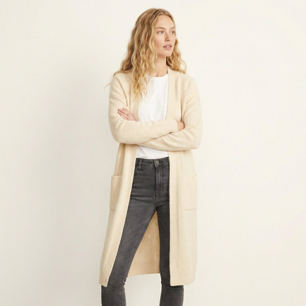 Women’s Thick Knit Cardigan – V-Neck Warm Autumn Style Cream One size