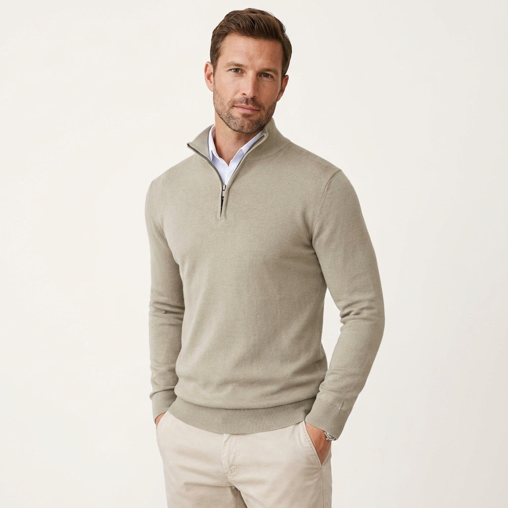 Men’s Slim Fit Quarter Zip Sweater – Lightweight Knit Style Beige