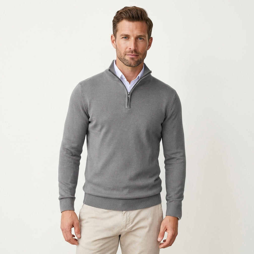 Men’s Slim Fit Quarter Zip Sweater – Lightweight Knit Style Gray