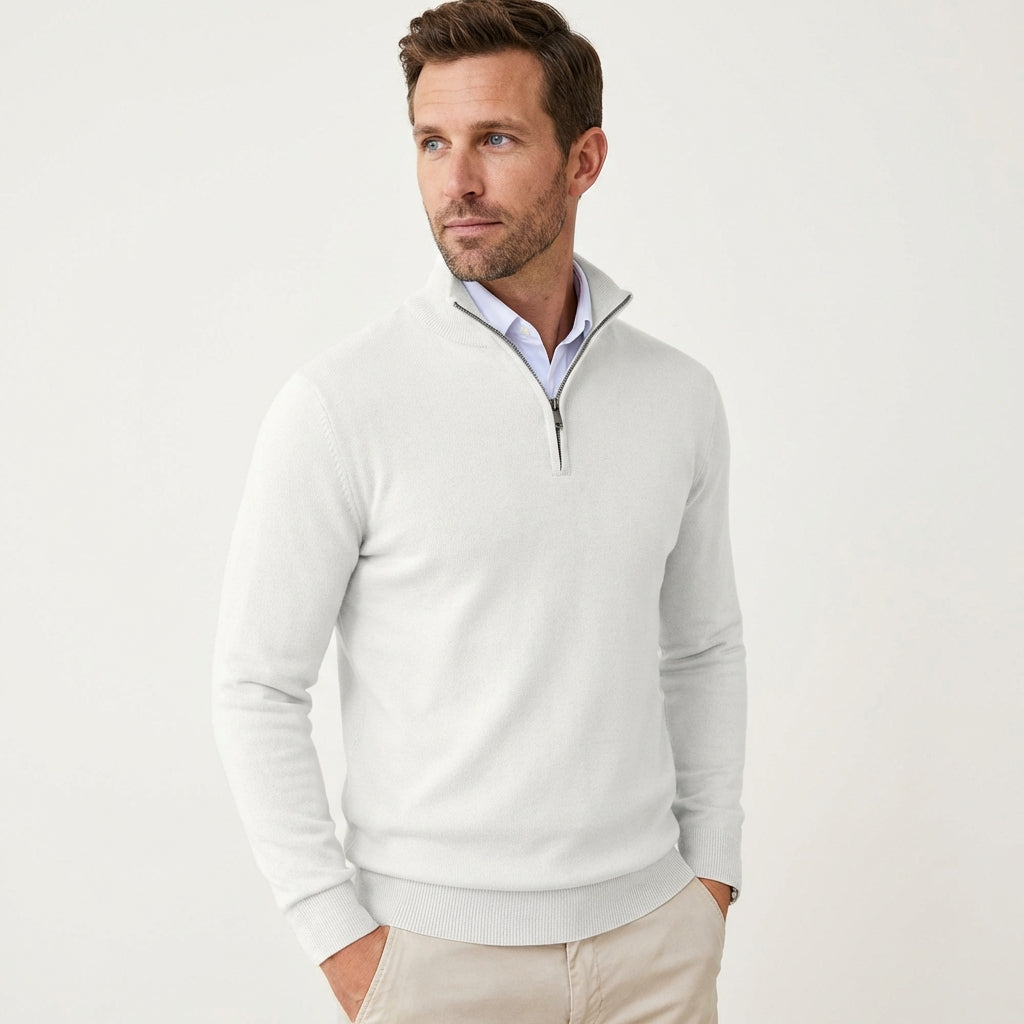 Men’s Slim Fit Quarter Zip Sweater – Lightweight Knit Style White