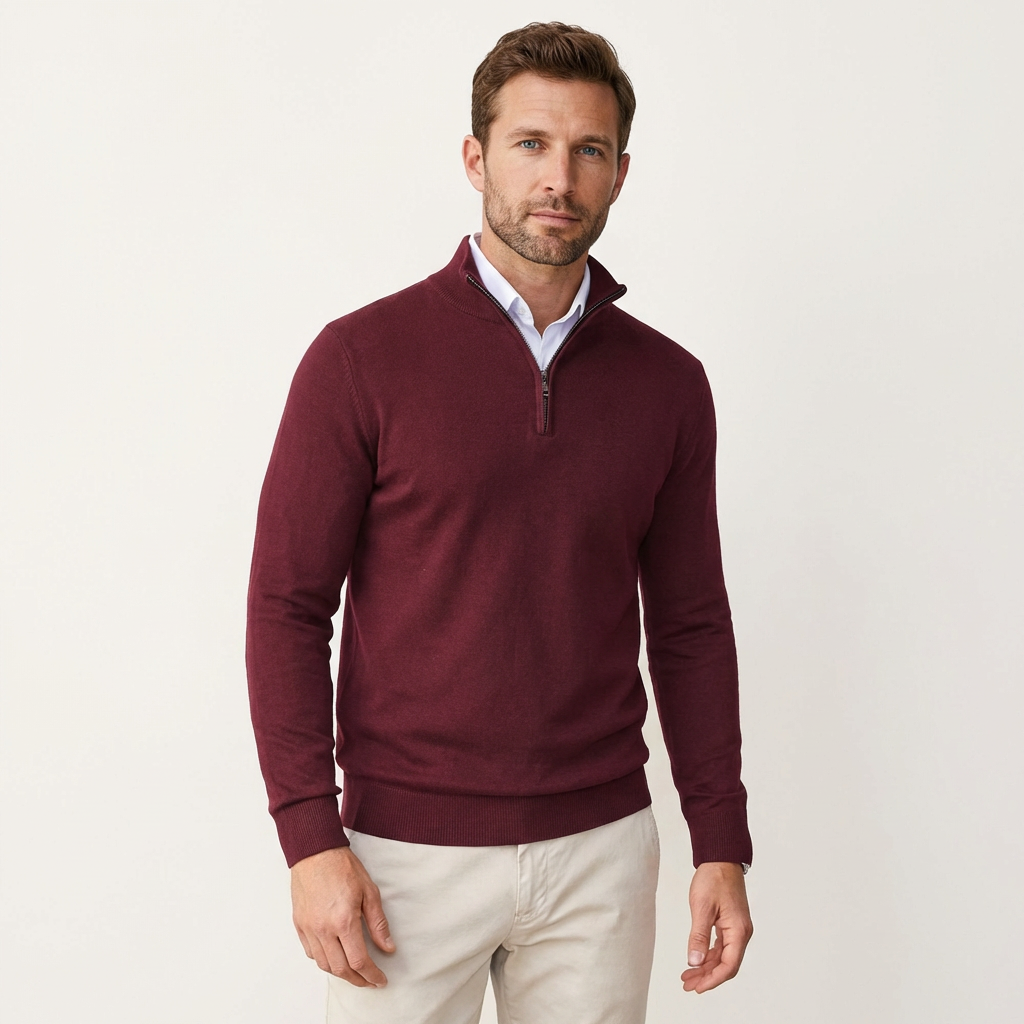 Men’s Slim Fit Quarter Zip Sweater – Lightweight Knit Style Wine Red