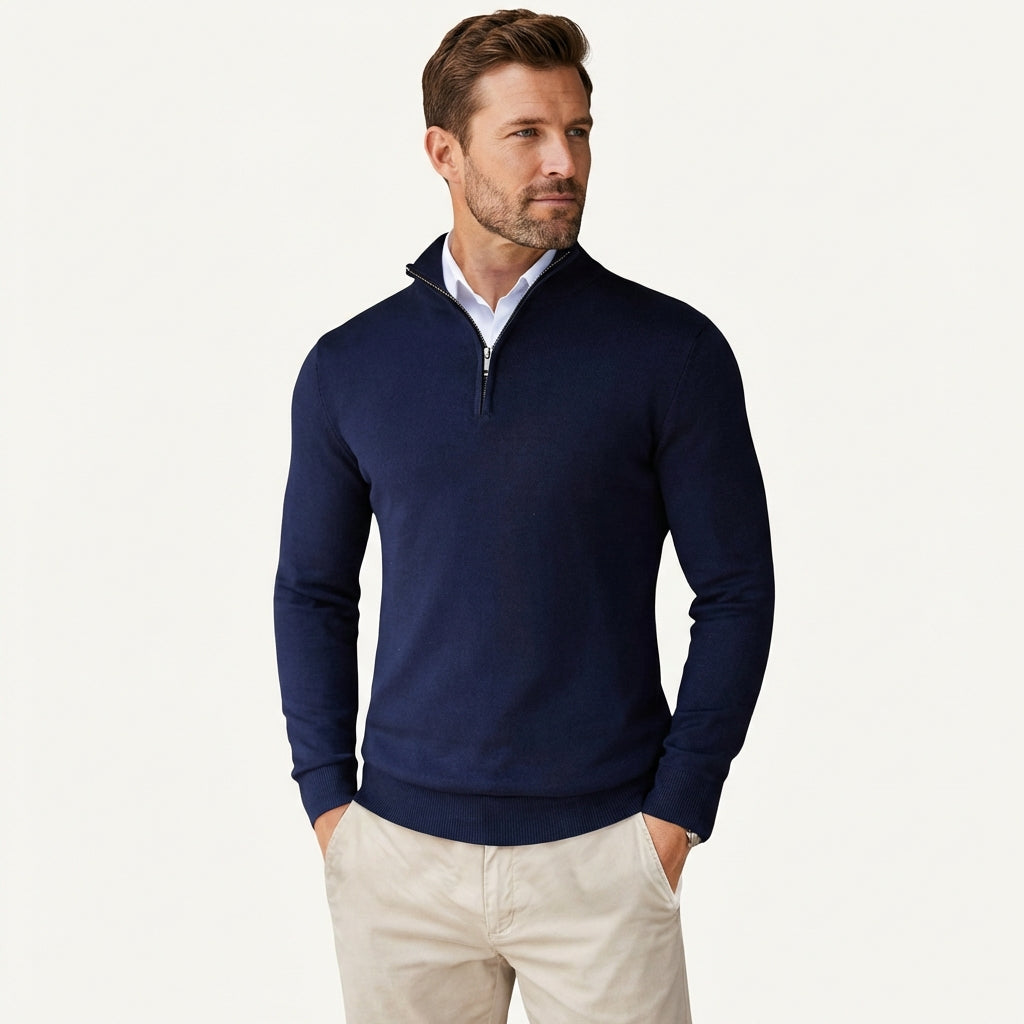 Men’s Slim Fit Quarter Zip Sweater – Lightweight Knit Style Navy Blue