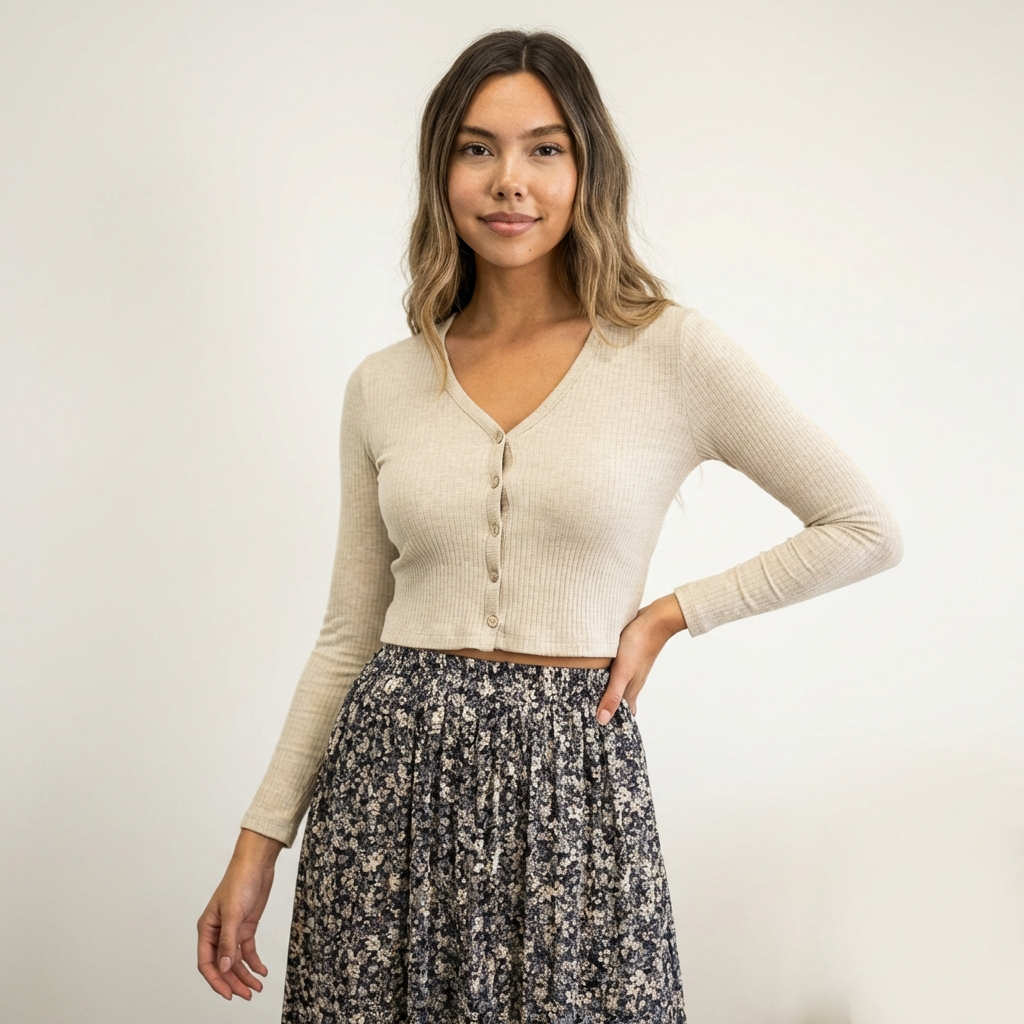 Women’s Ribbed Cotton Cardigan – V-Neck Button-Down Beige