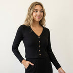 Women’s Ribbed Cotton Cardigan – V-Neck Button-Down Black