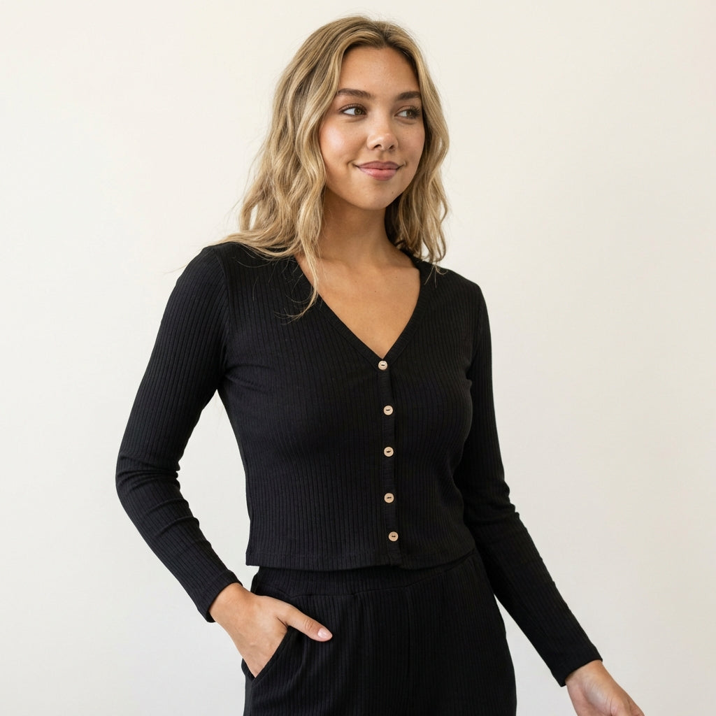 Women’s Ribbed Cotton Cardigan – V-Neck Button-Down Black