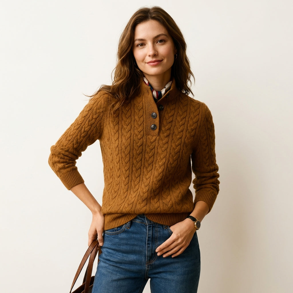 Women’s Cable Knit Cashmere Button-Up Sweater Bronze