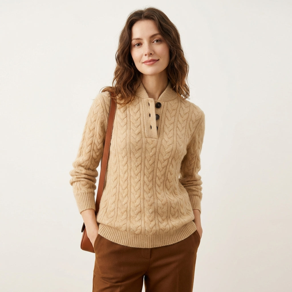 Women’s Cable Knit Cashmere Button-Up Sweater Beige